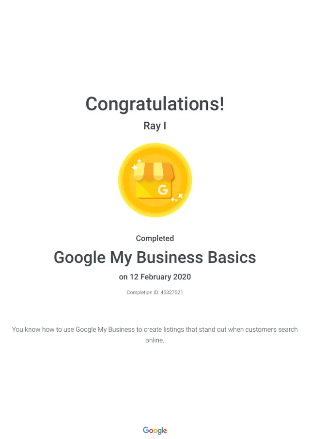 Google My Business Basics certificate
