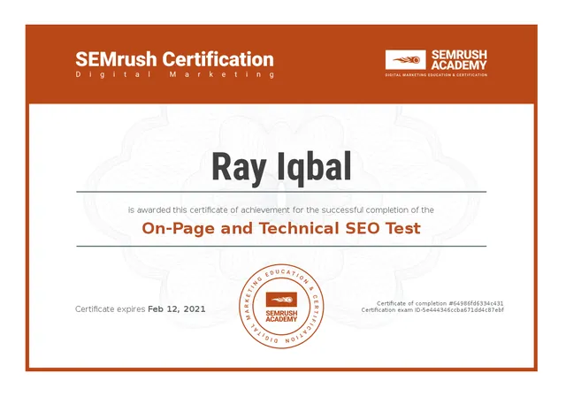 On-Page and Technical SEO certificate