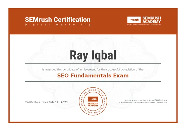 SEO Fundamentals Exam certificate